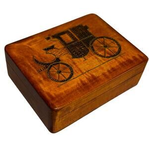 Vintage brass coiled mid century carved burned wood trinket box stagecoach motif